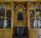 Fragment biblioteki pałacu w Rogalinie z kominkiem i portretem Rogera Raczyńskiego.