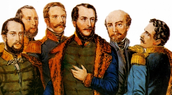  "Kossuth Lajos tábornokai körében. Balról: Klapka György, Perczel Mór, Henryk Dembiński, Kossuth Lajos, Bem József és Aulich Lajos."  