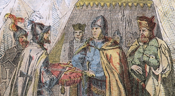  "Posłowie Krzyżaccy przynoszą dwa miecze dla Króla Jagiełły i Księcia Witolda, żeby mieli czem bić Krzyżaków pod  Grunwaldem."  
