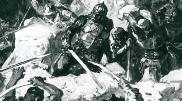  Fotografia obrazu autorstwa Stanisława Batowskiego przedstawiającego obronę zamku bełzkiego przed napadem tatarów."  
