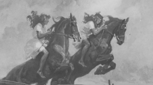  Obraz Zygmunta Rozwadowskiego przedstawiający panny W i D. Czaykowskie na koniu.  