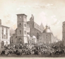 "Widok Krakowa po pożarze w 1850 r., przedstawiający nabożeństwo przy rozpoczęciu odbudowy kościoła dominikanów"