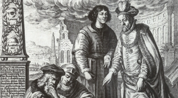  "Karta tytułowa z dzieła Heweliusza z wizerunkiem Kopernika."  