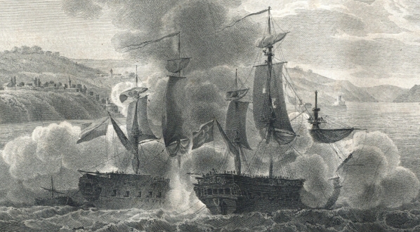  "Uyście Bosforu od morza czarengo, rycina ta wystawia potyczkę między  liniowym okrętem Tureckim i fregatą Moskiewską w roku 1790.  Rysował Cropin w Paryżu.  Sztychował Dobler w Pradze".  