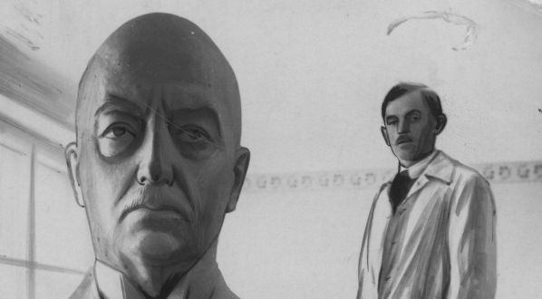  Stefan Polciński, artysta rzeźbiarz obok wykonanego przez siebie pomnika prezydenta Gabriela Narutowicza.  