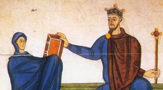  "Księżna Matylda wręcza księgę liturgiczną Mieszkowi II".  