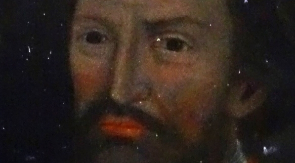  Portret Jaksy z Miechowa ze szczytu pomnika wzniesionego w XVIII wieku dla uczczenia fundatora w  Bazylice Grobu Bożego w Miechowie.  