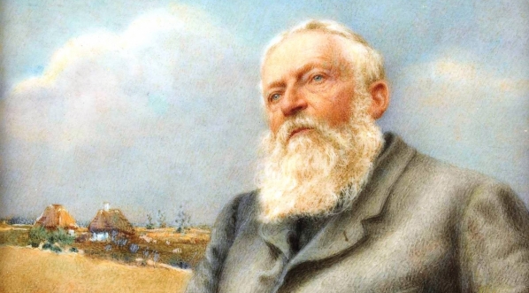  "Józef Chełmoński na tle wiejskiego pejzażu."  