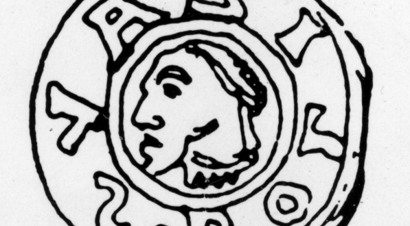  Fotokopia rysunku przedstawiającego denara Bolesława Chrobrego.  