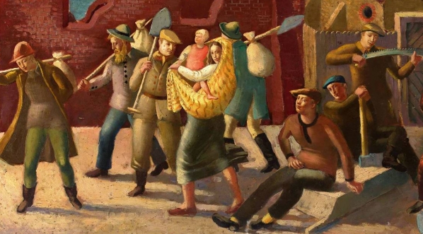  "Krajobraz miejski z robotnikami na tle budowli' Michała Rouby.  