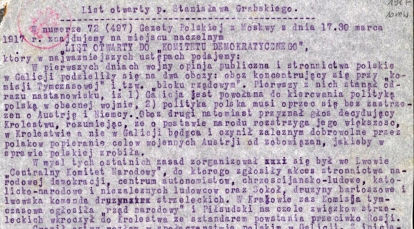  List otwarty Stanisława Grabskiego do Komitetu Demokratycznego z marca 1917 roku.  