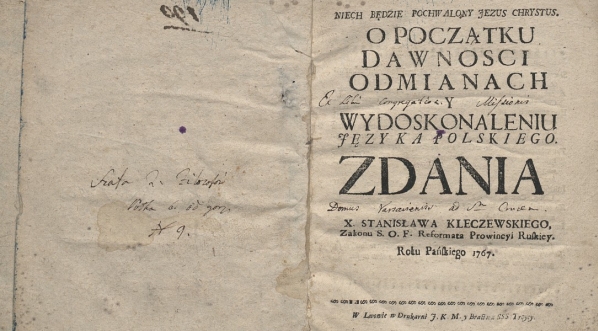  Stanisław Dominik Kleczewski, "O początku, dawnosci, odmianach y wydoskonaleniu jezyka ..." (strona tytułowa)  