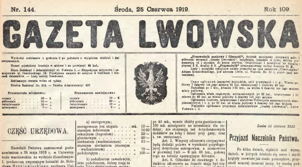  "Gazeta Lwowska"  z 25 czerwca 1919 roku.  