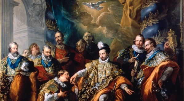  "Rycerze Zakonu Świętego Ducha i ich wielki mistrz Henryk III, król Francji"  Charles-André van Loo.  