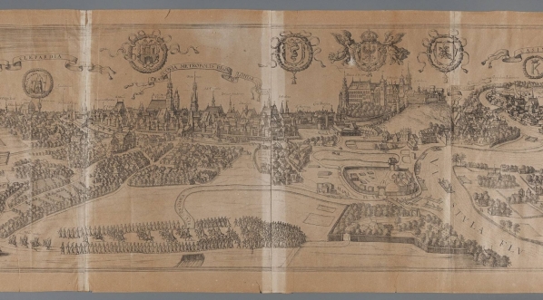  Panorama Krakowa od północnego zachodu z uroczystym wjazdem Zygmunta III do letniej rezydencji w Łobzowie.  