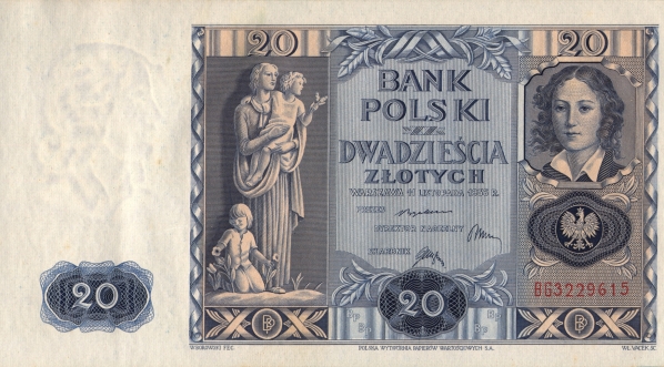  Polski banknot o nominale 20 złotych z 1936 roku.  