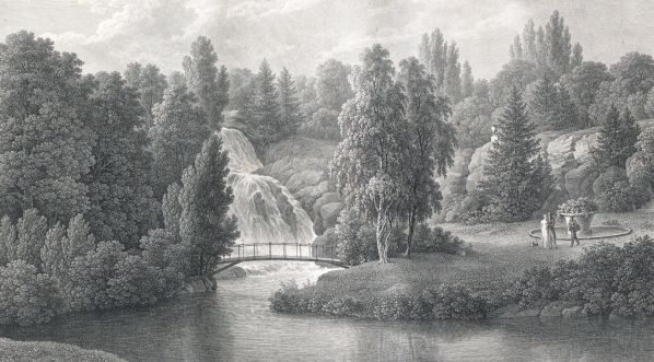  "Kaskada w Sofiówce.  Szkicował L Fuhrman.  Rysował Duviver w Wiedniu".  