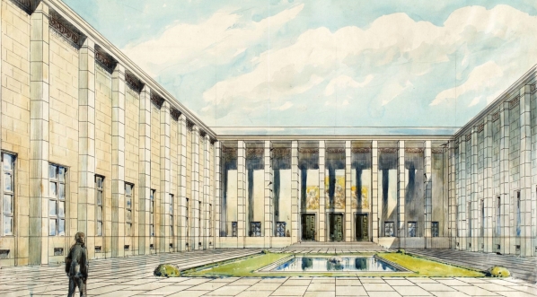  "Warszawa. Muzeum Narodowe. Widok dziedzińca głównego z kompozycją figuralną nad wejściem (projekt wystroju elewacji)" Bronisława Gembarzewskiego.  